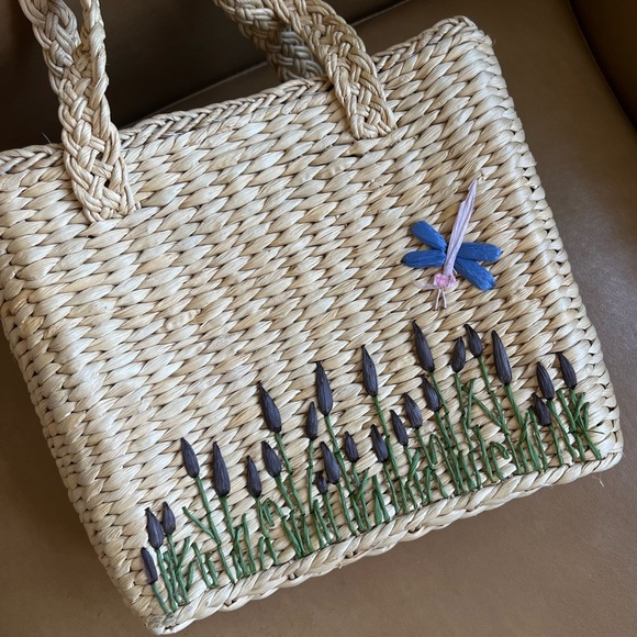 Rare Vintage 90s GAP Wicker Straw Basket Bag with Dragonfly - Picture 7 of 7